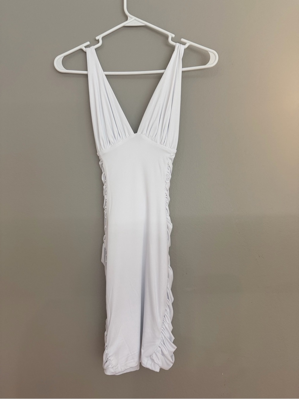 White Ruched Side V-Neck Midi Dress